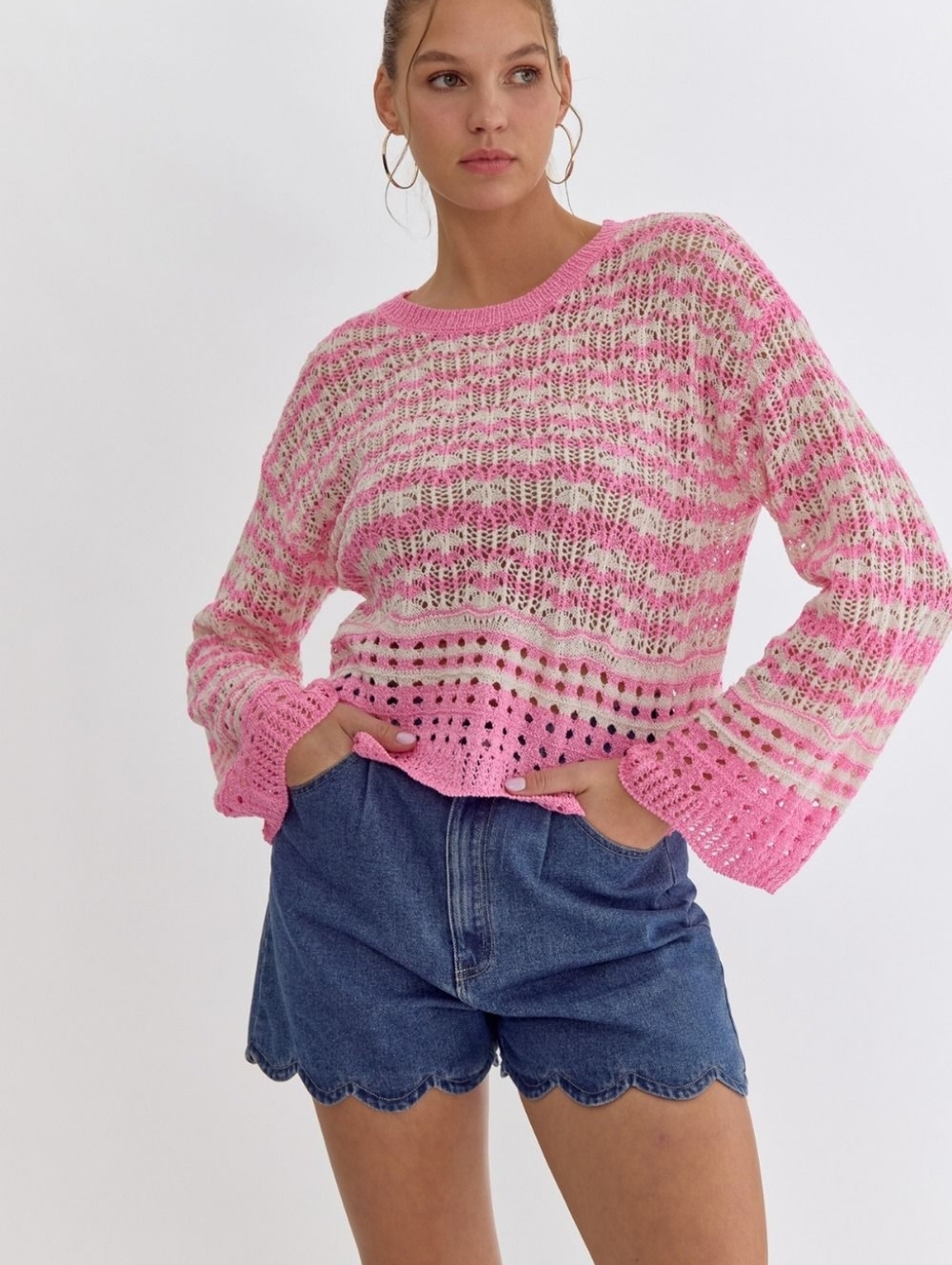 Entro Cotton Candy Pink Striped Round Neck Long Sleeve Crochet Knit Top New